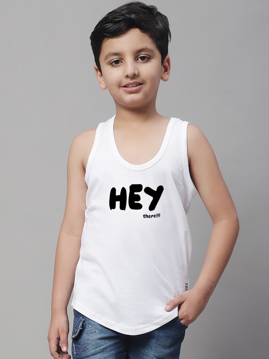 

Friskers Boys Typography Printed Sleeveless Pure Cotton Gym Vest, White