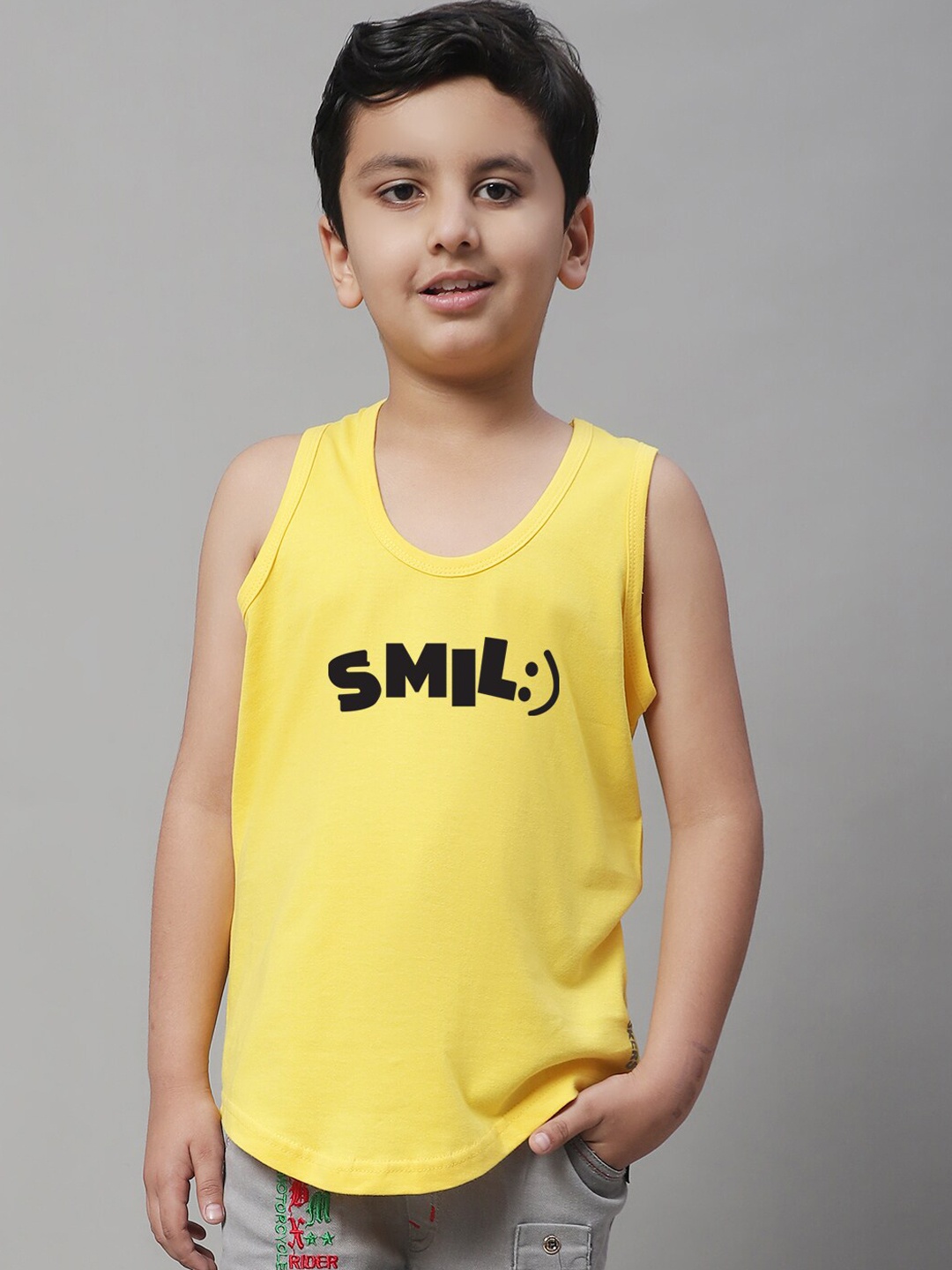 

Friskers Boys Typography Printed Sleeveless Pure Cotton Gym Vest, Yellow
