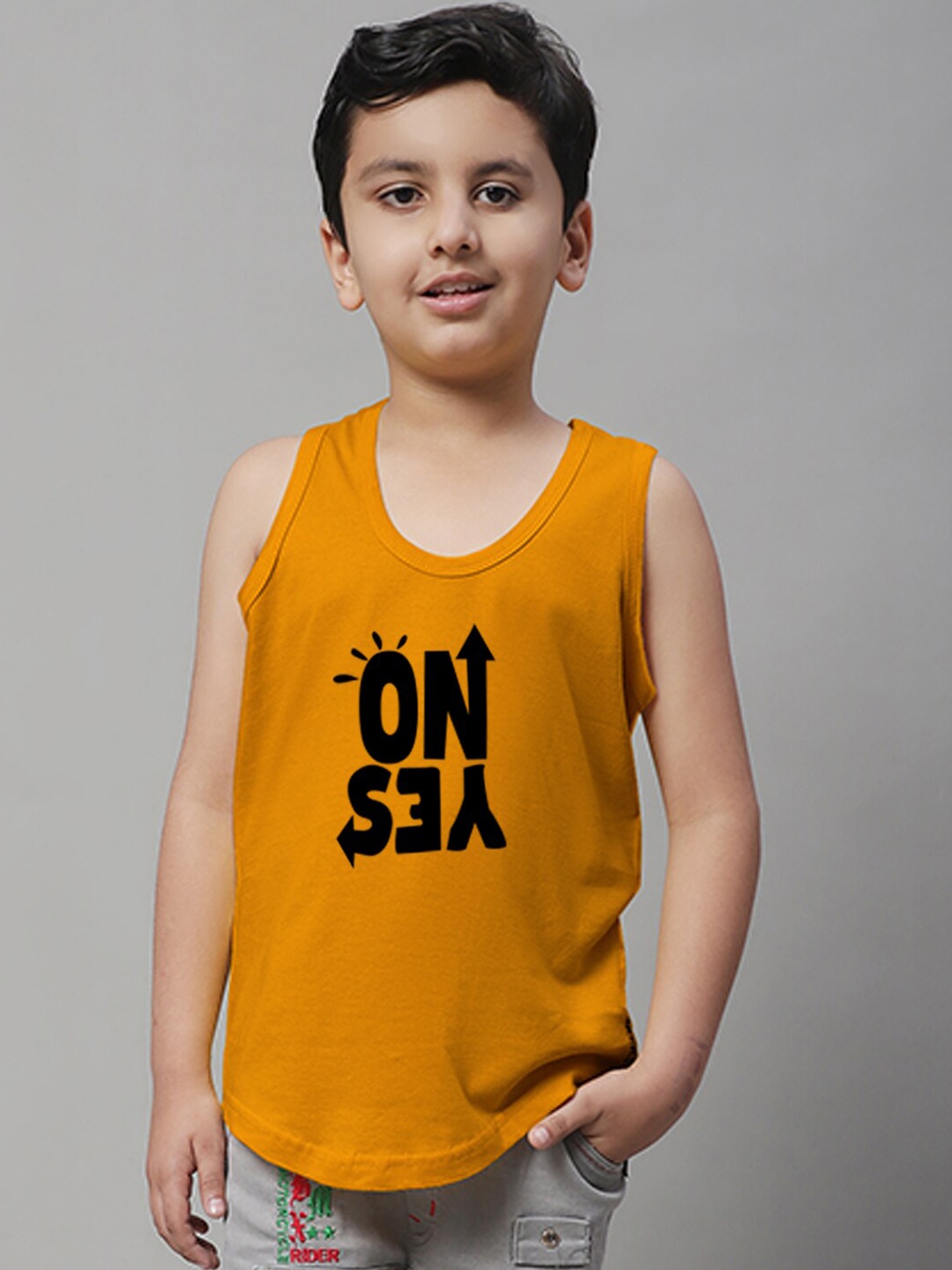 

Friskers Boys Bio Wash Yes No Printed Pure Cotton Innerwear Vest, Mustard