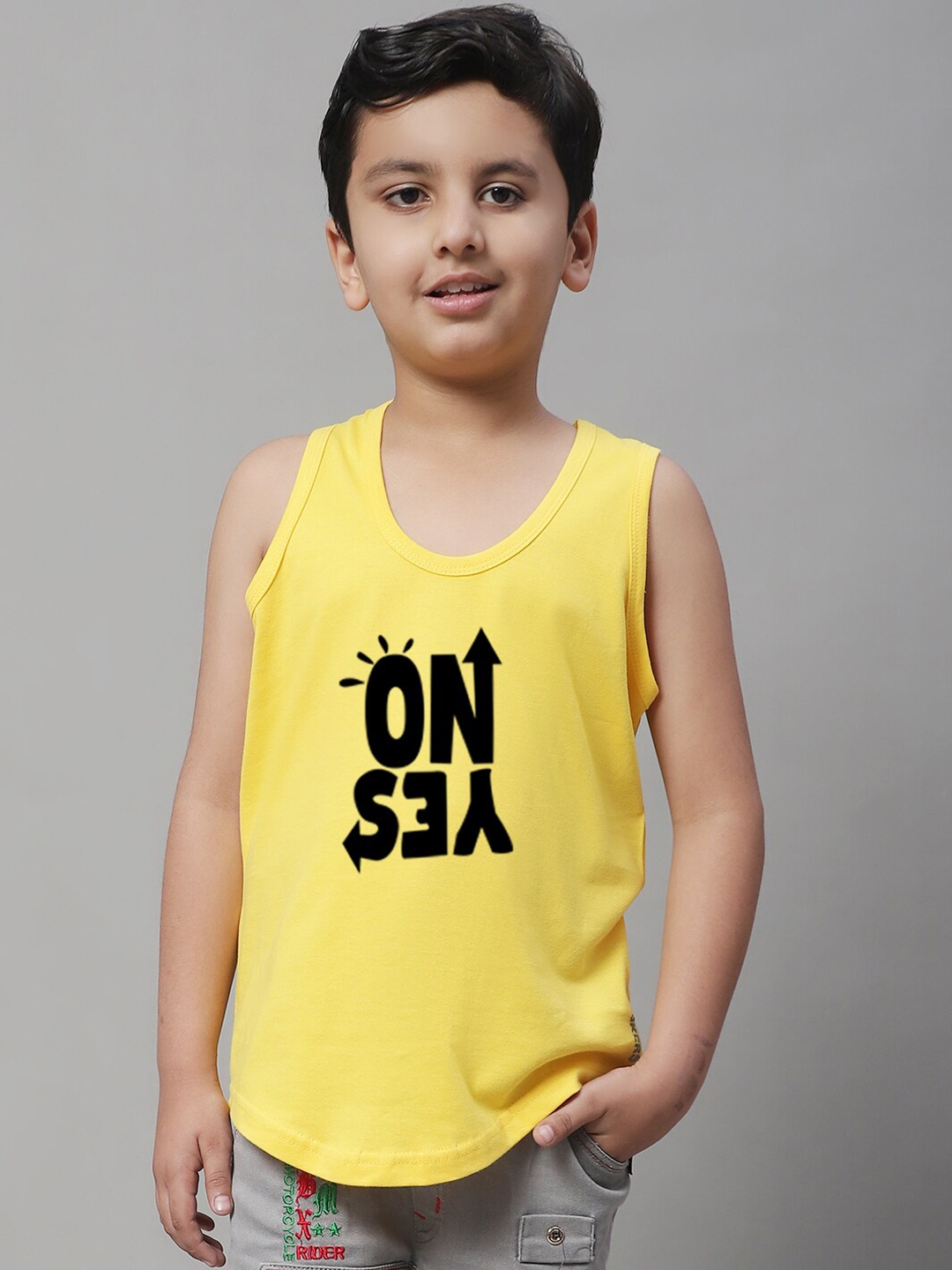 

Friskers Boys Bio Wash Yes No Printed Pure Cotton Innerwear Vest, Yellow