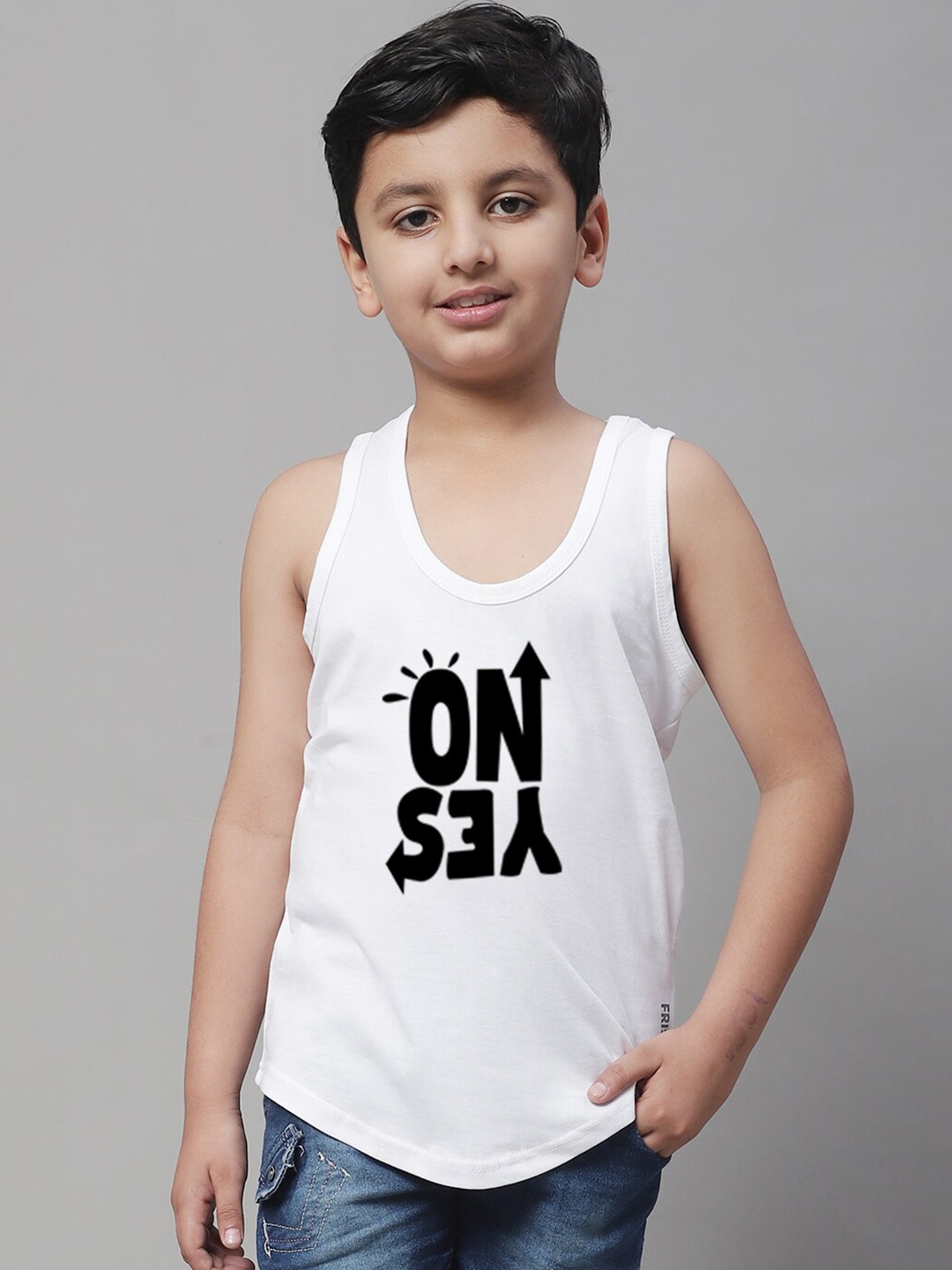 

Friskers Boys Bio Wash Yes No Printed Pure Cotton Innerwear Vest, White