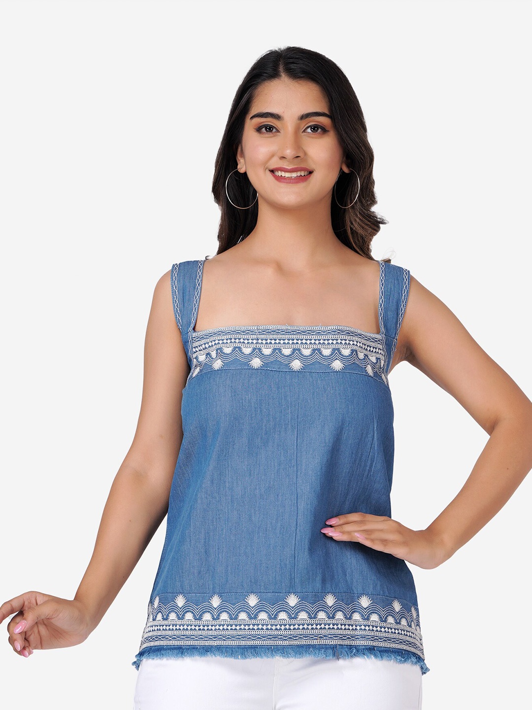 

SUMAVI-FASHION Embroidered Square Neck Sleeveless Organic Cotton Denim Top, Blue