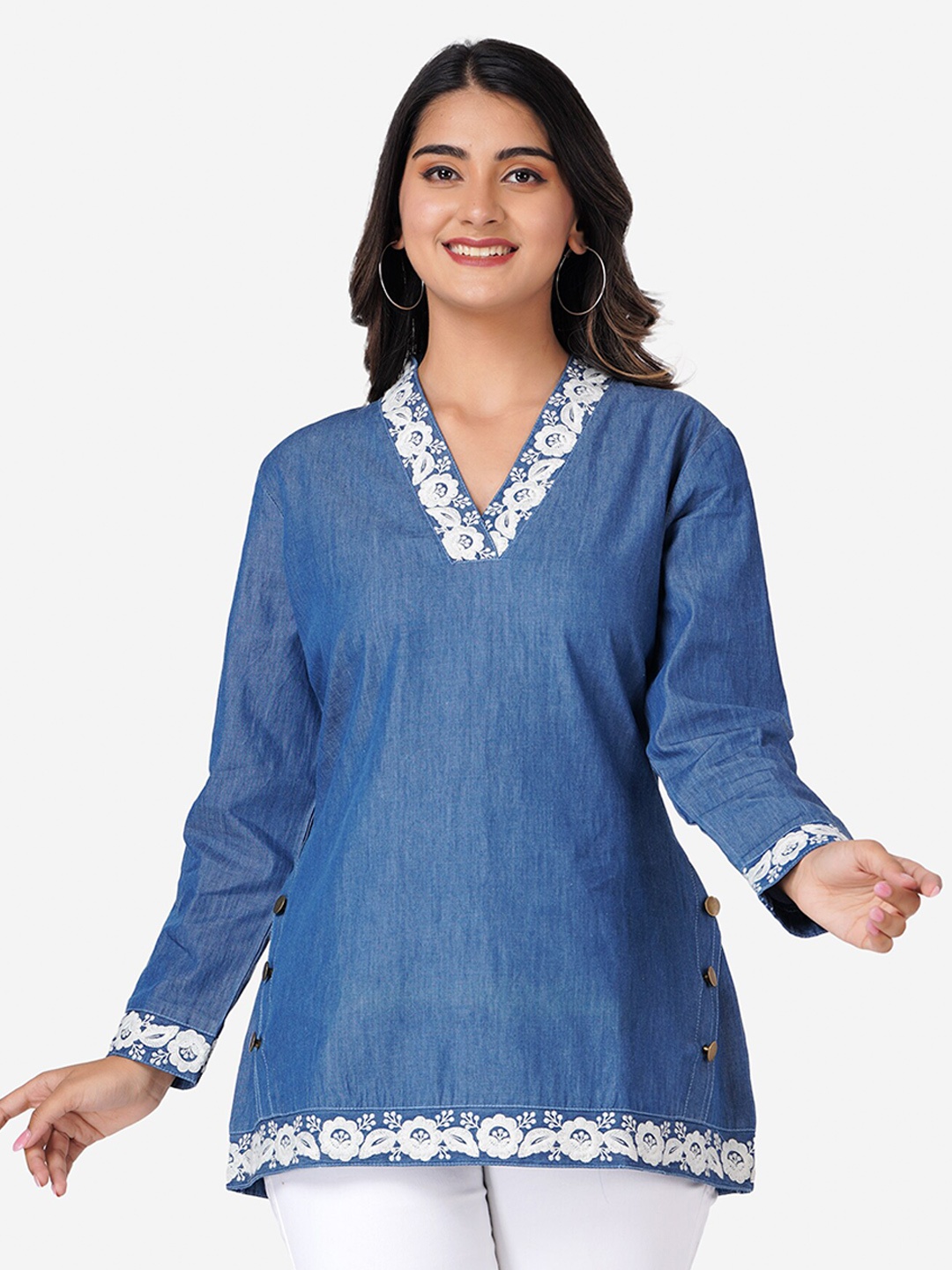 

SUMAVI-FASHION Embroidered Organic Cotton Denim Top, Blue