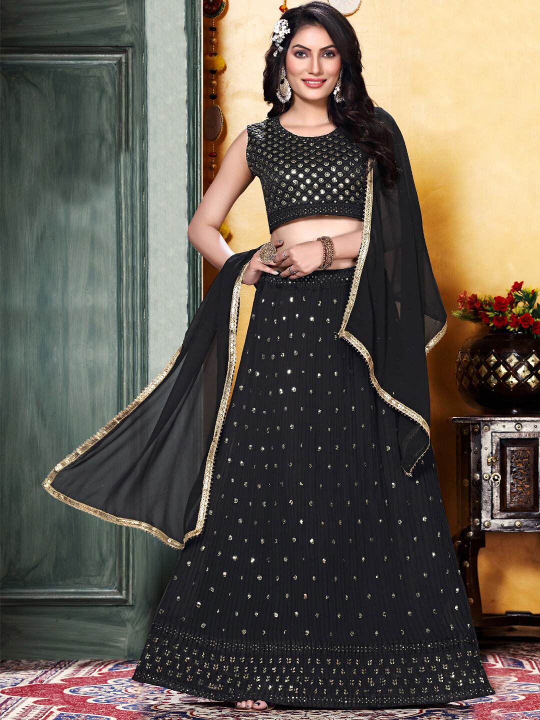 

Chhabra 555 Black Embroidered Lehenga With Choli & Dupatta