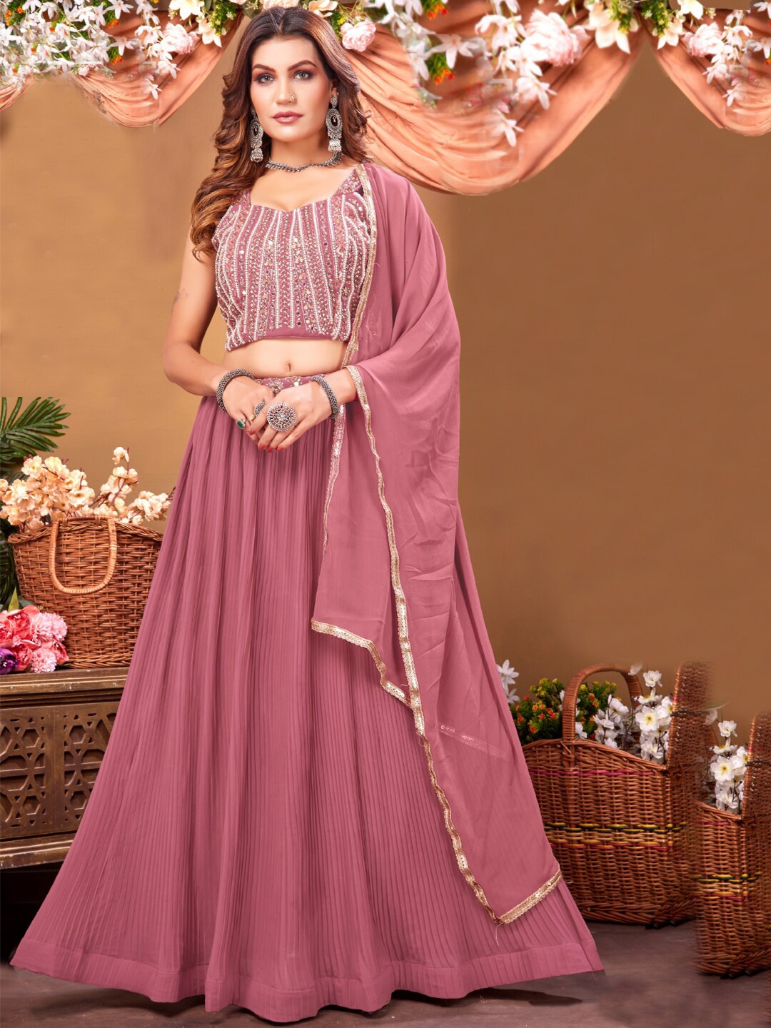 

Chhabra 555 Pink Embellished Sweetheart Neck Lehenga With Choli & Dupatta