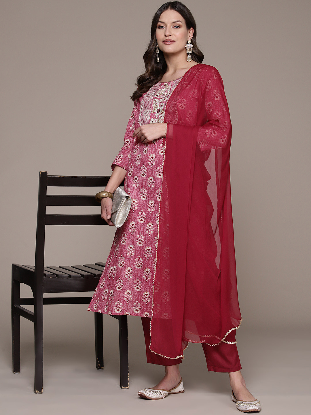 

Anubhutee Women Floral Yoke Design Regular Pure Cotton Kurta with Trousers & Dupatta, Pink