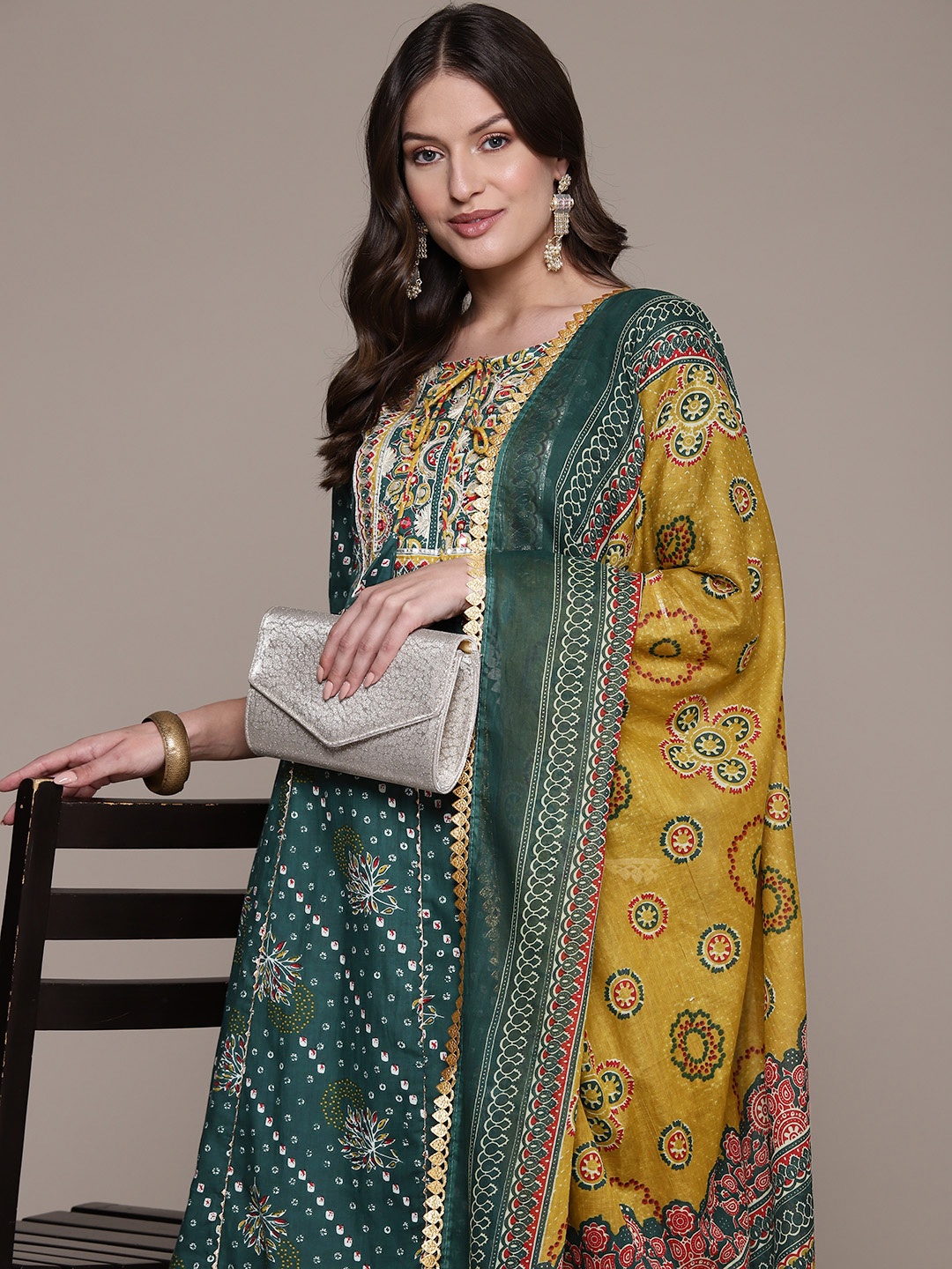 

Anubhutee Women Floral Printed Regular Gotta Patti Cotton Kurta with Trousers & Dupatta, Teal