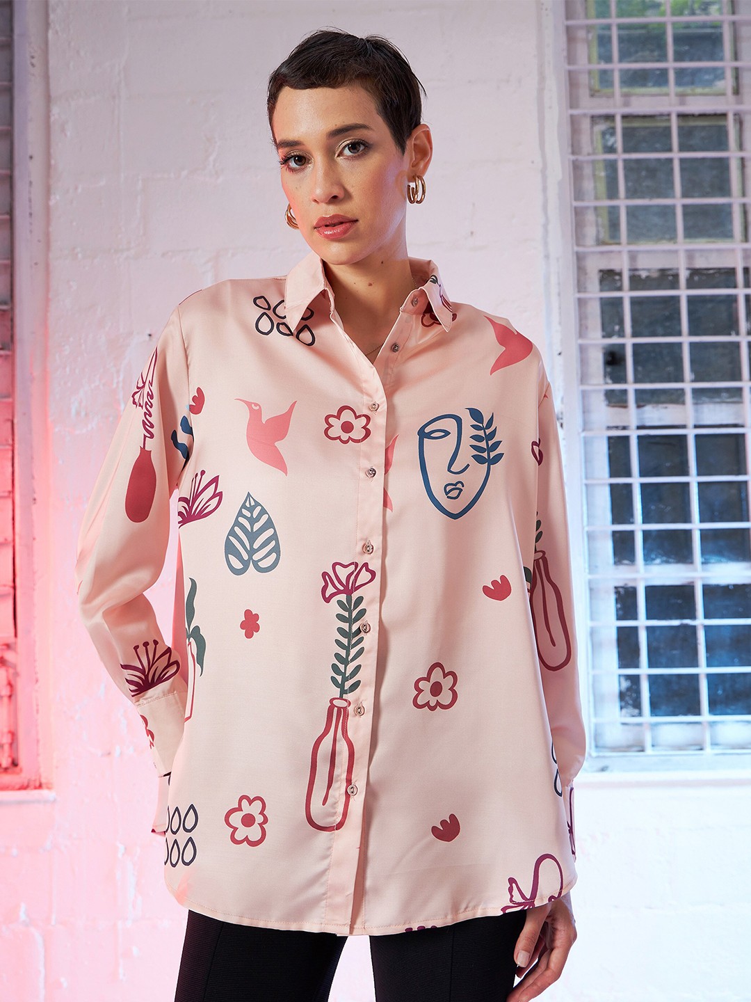

SASSAFRAS Beige Comfort Oversized Conversational Printed Satin Casual Shirt