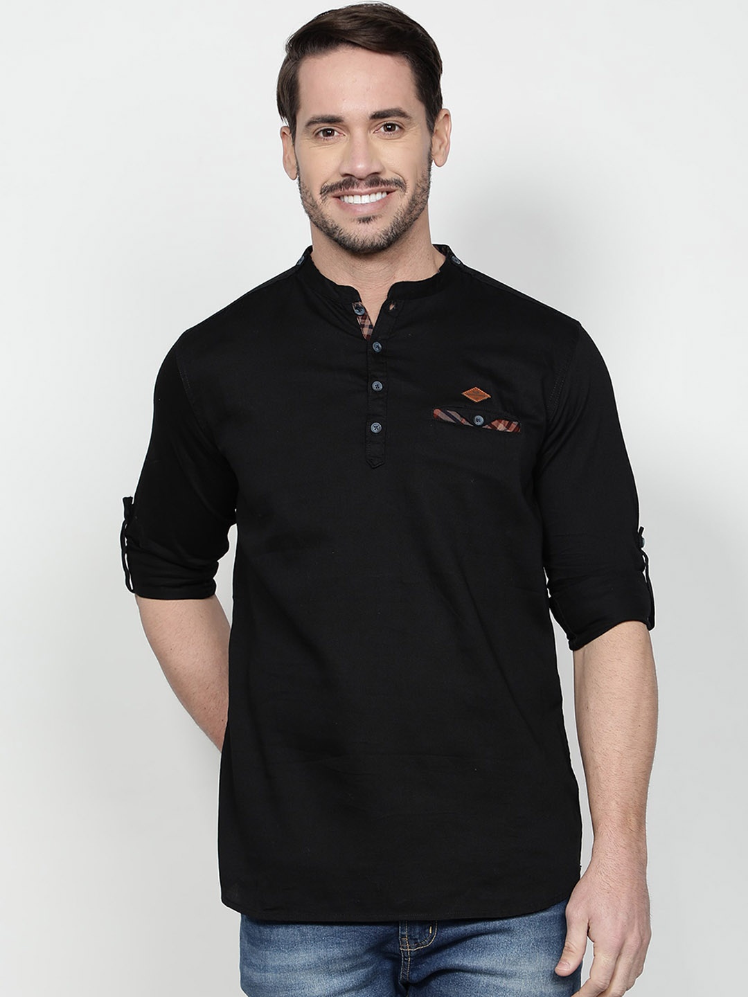 

Kuons Avenue Mandarin Collar Roll-Up Sleeve Cotton Casual Shirt, Black