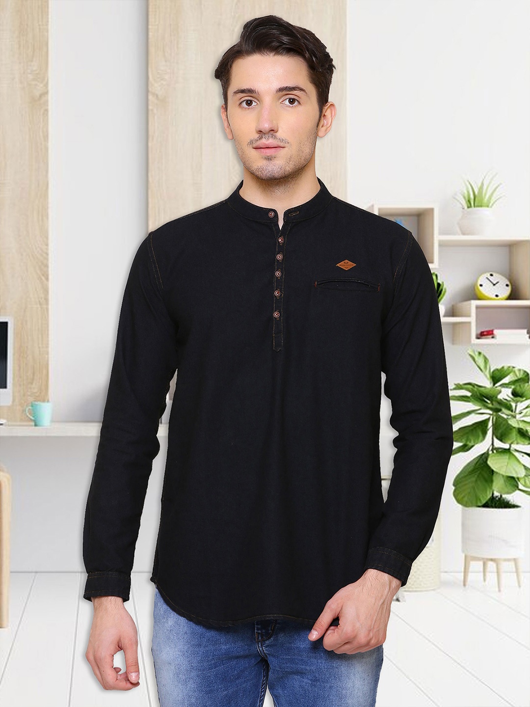 

Kuons Avenue Band Collar Long Sleeves Denim Kurta, Black