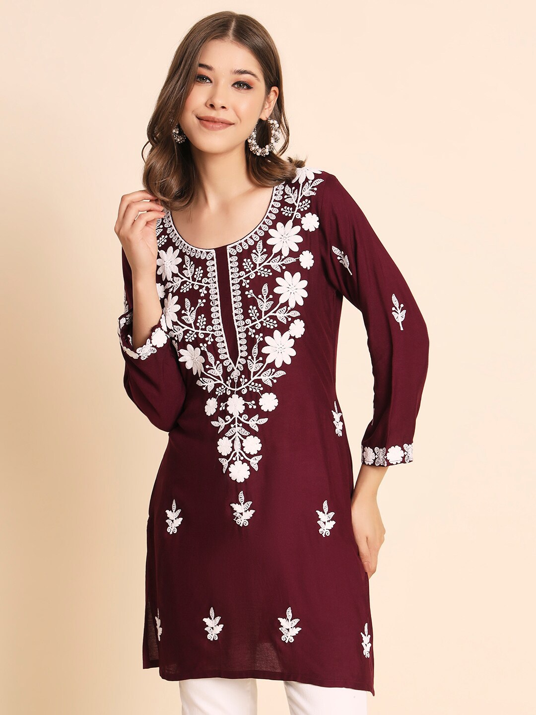 

VAIRAGEE Floral Embroidered Kurtis, Burgundy