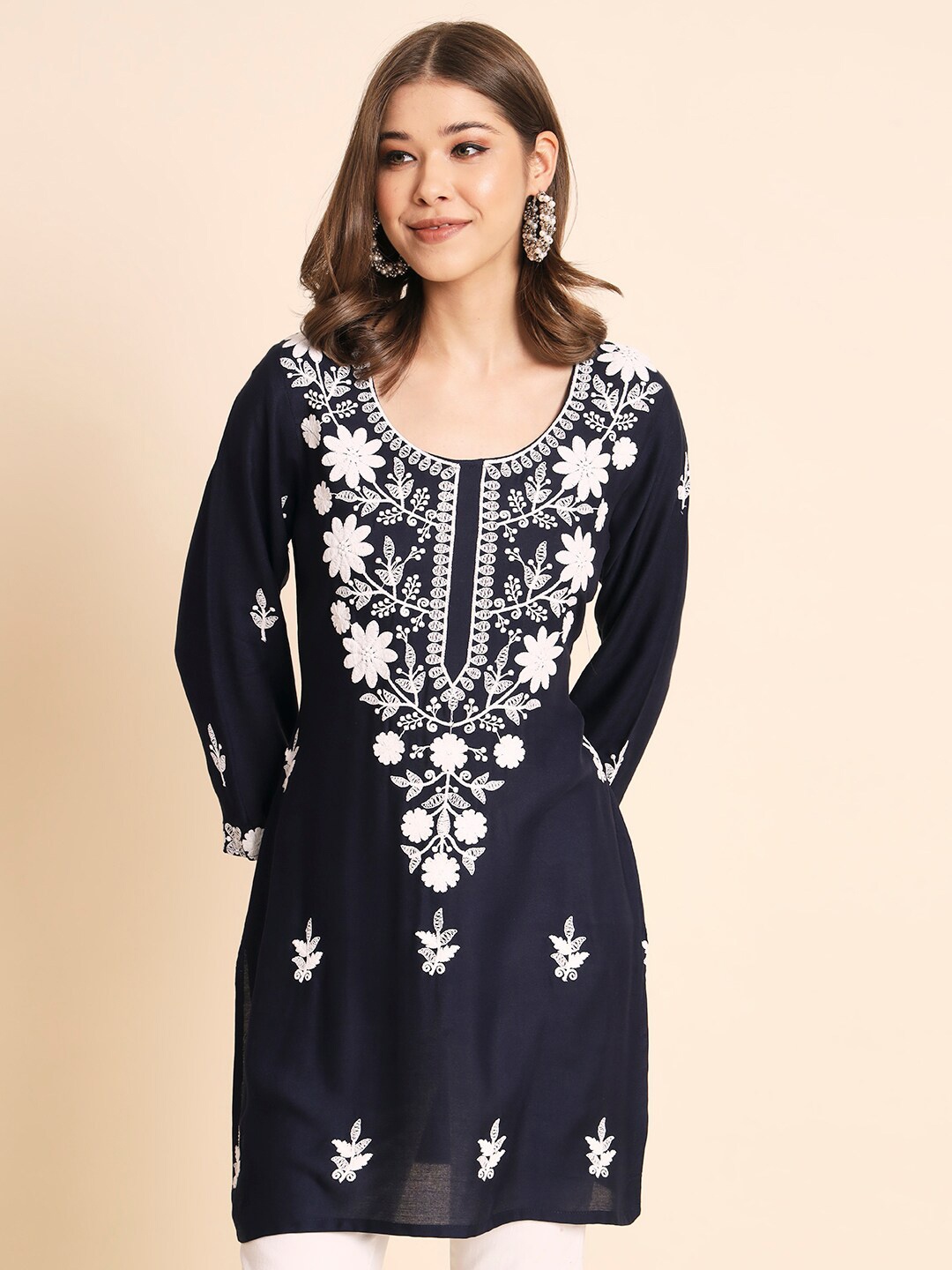 

VAIRAGEE Floral Embroidered Kurtis, Navy blue