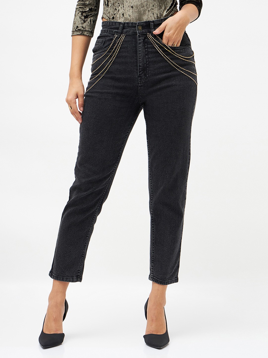 

SASSAFRAS Women Black Slim Fit High-Rise Clean Look Embellished Stretchable Jeans