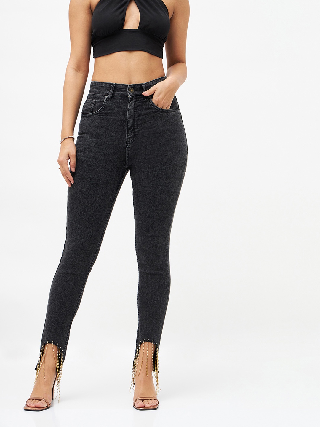 

SASSAFRAS Women Black Slim Fit High-Rise Clean Look Embellished Stretchable Jeans