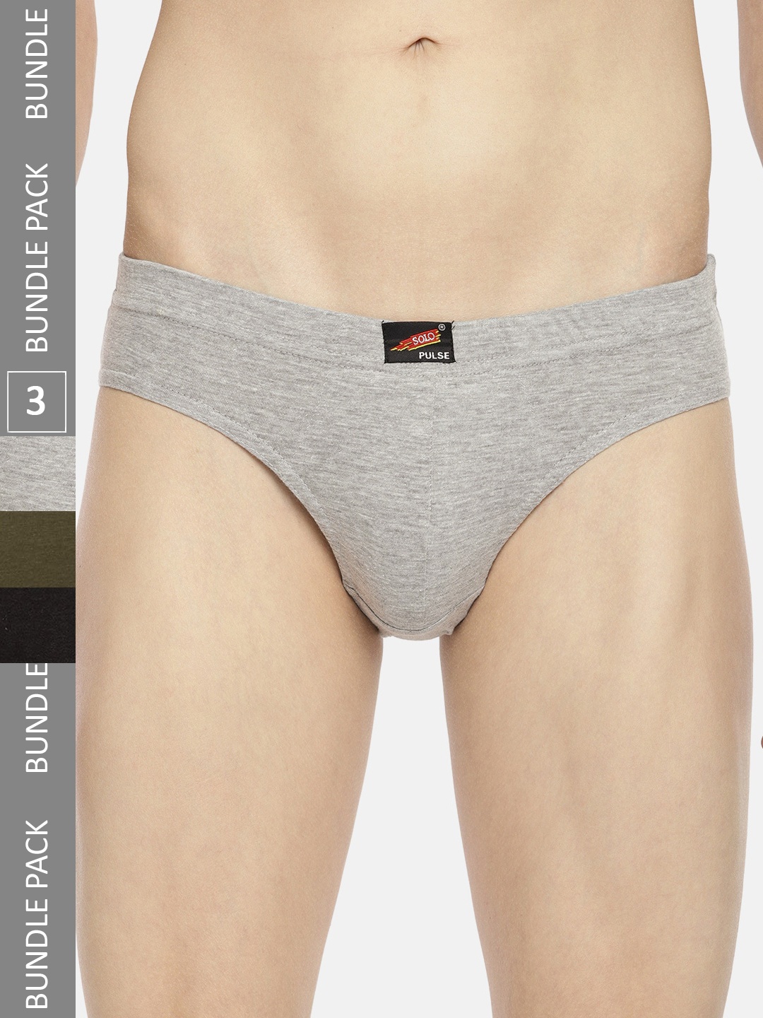 

SOLO Pack Of 3 Pure Cotton Basic Briefs Pulse-3-Grey Melange, Olive, Black-75
