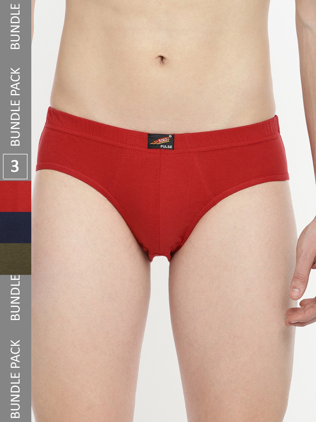 

SOLO Men Pack Of 3 Anti Bacterial Pure Cotton Basic Briefs Pulse-3-Red, Navy, Olive-75