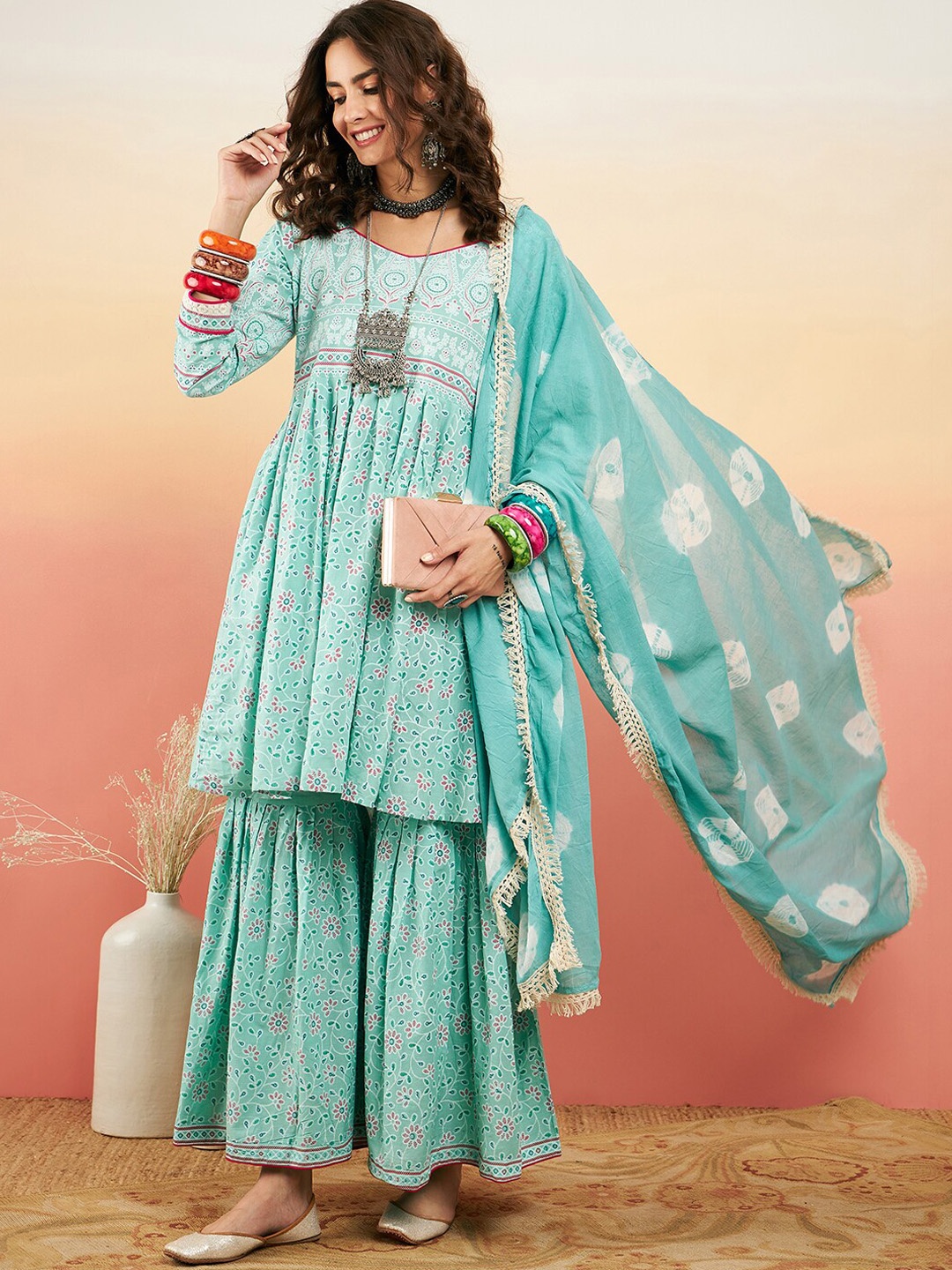 

Sangria Ethnic Motifs Embroidered Pure Cotton Aanarkali Kurta With Sharara & Dupatta, Blue