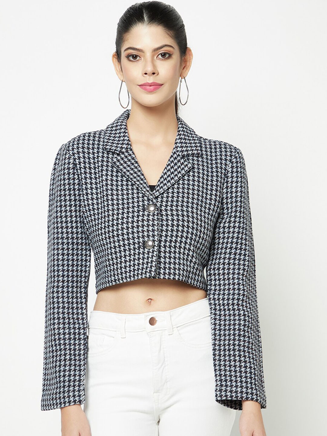 

HOUSE OF S Checked Single-Breasted Crop Blazer, Black