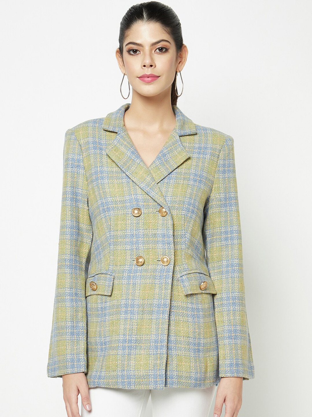 

HOUSE OF S Checked Notched Lapel Double Breasted Blazer, Green