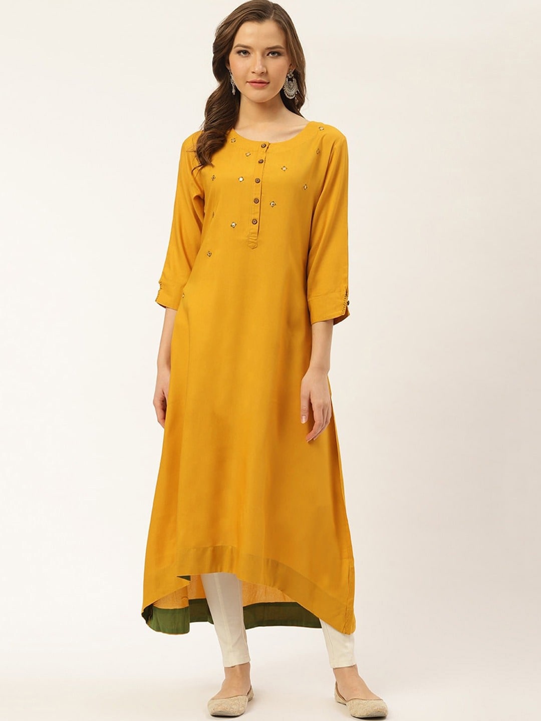 

SUTI Geometric Mirror Work Embroidered A-Line Kurta, Mustard