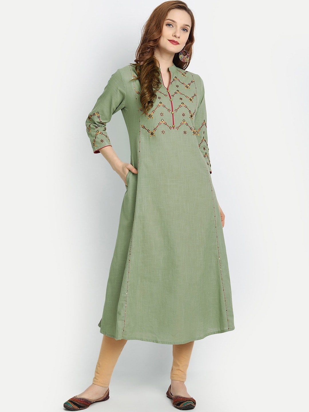 

SUTI Geometric Embroidered Mandarin Collar Thread Work Flared Cotton Anarkali Kurta, Green