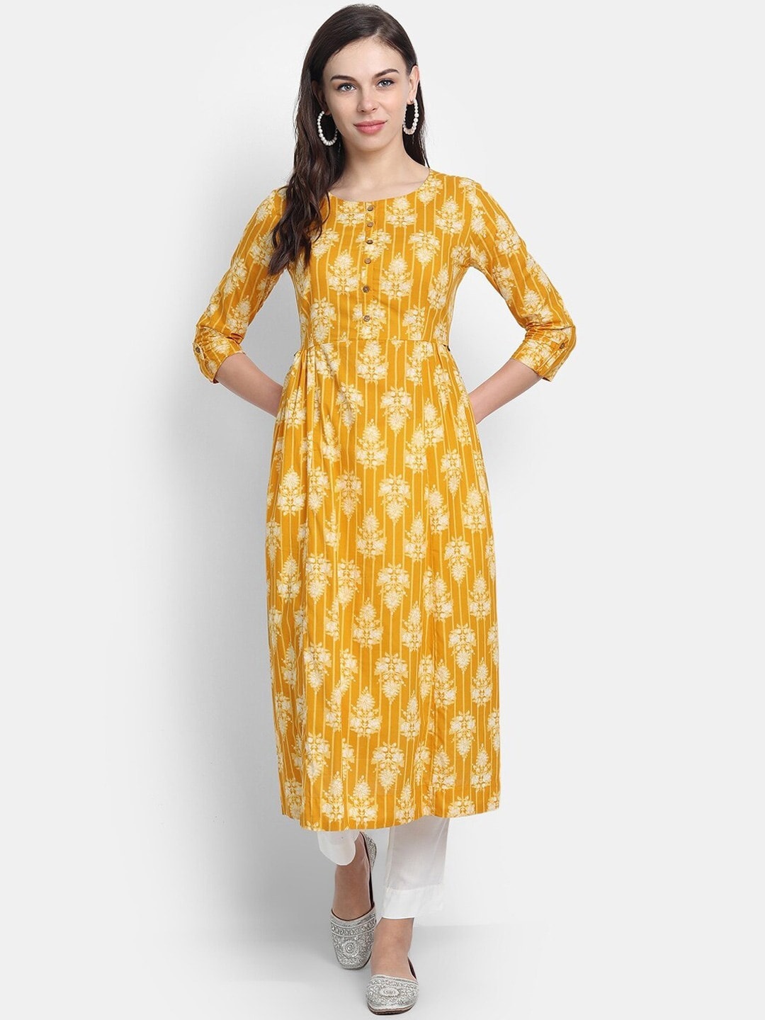 

SUTI Women Mustard Yellow Ethnic Motifs Printed Cold-Shoulder Sleeves Mirror Work Kurta