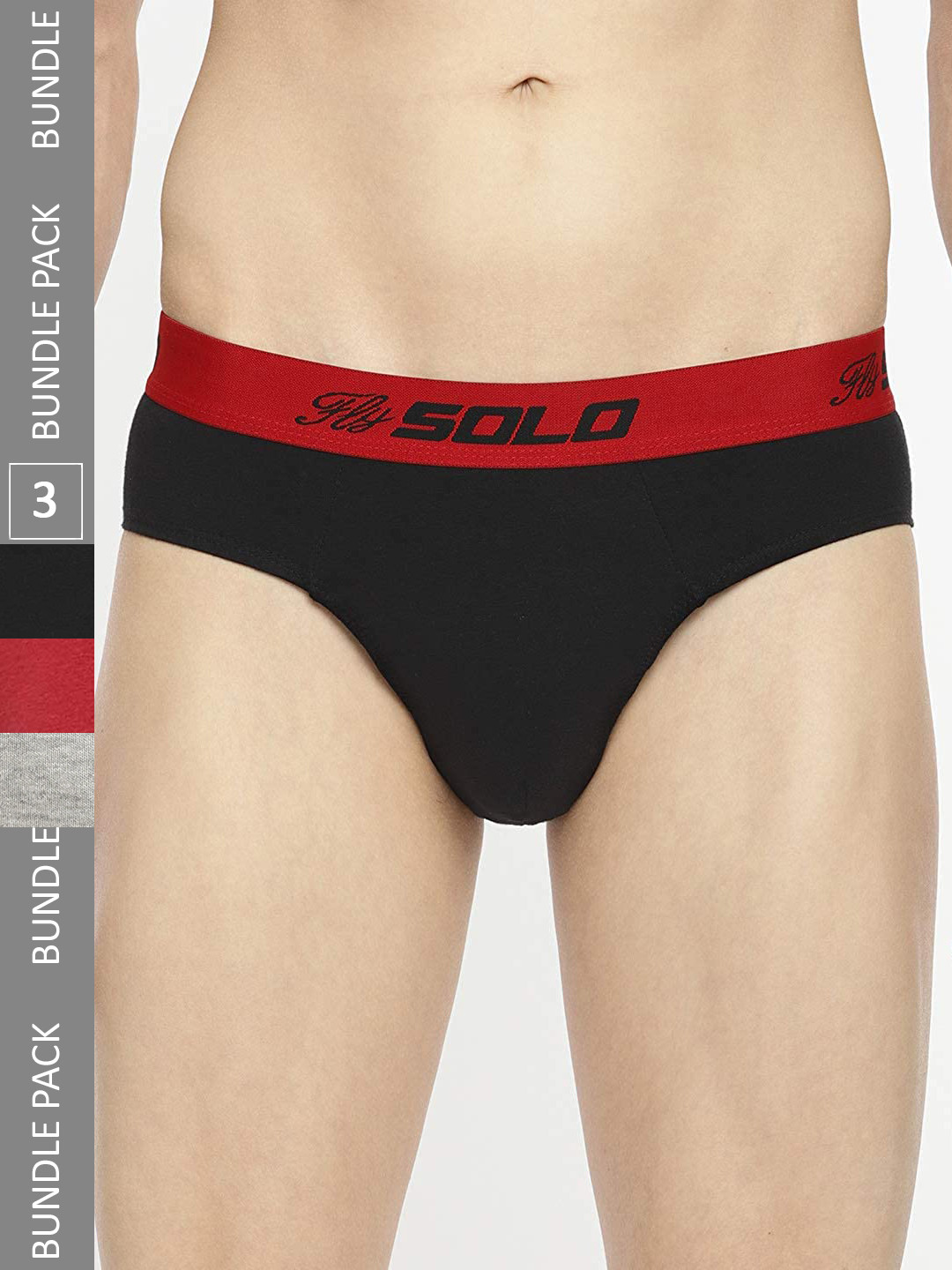 

SOLO Pack Of 3 Anti Bacterial Pure Cotton Briefs-Vigour-3-Black, Red, Grey Melange-75