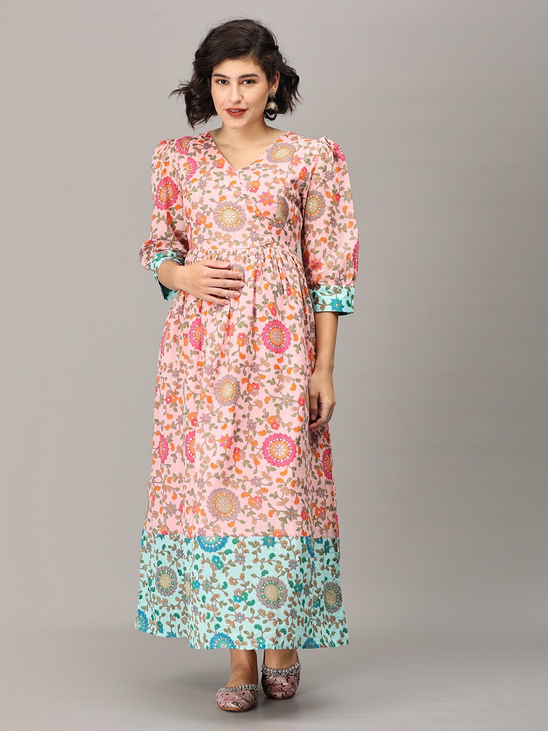 

The Mom Store Floral Printed V-Neck Puff Sleeves Gathered Maxi Cotton Maternity Dress, Pink