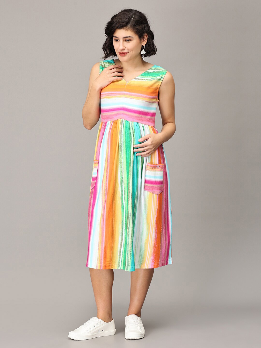 

The Mom Store Striped V-Neck Fit and Flare Midi Maternity Dress, Yellow