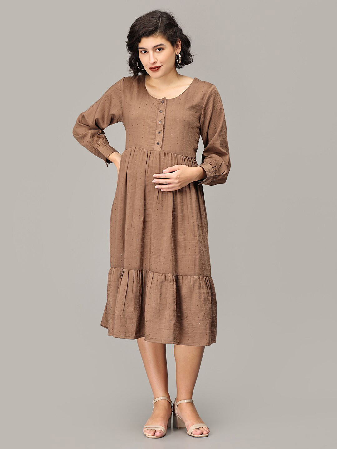 

The Mom Store Self Design Cuffed Sleeves Tiered Fit and Flare Midi Maternity Dress, Brown