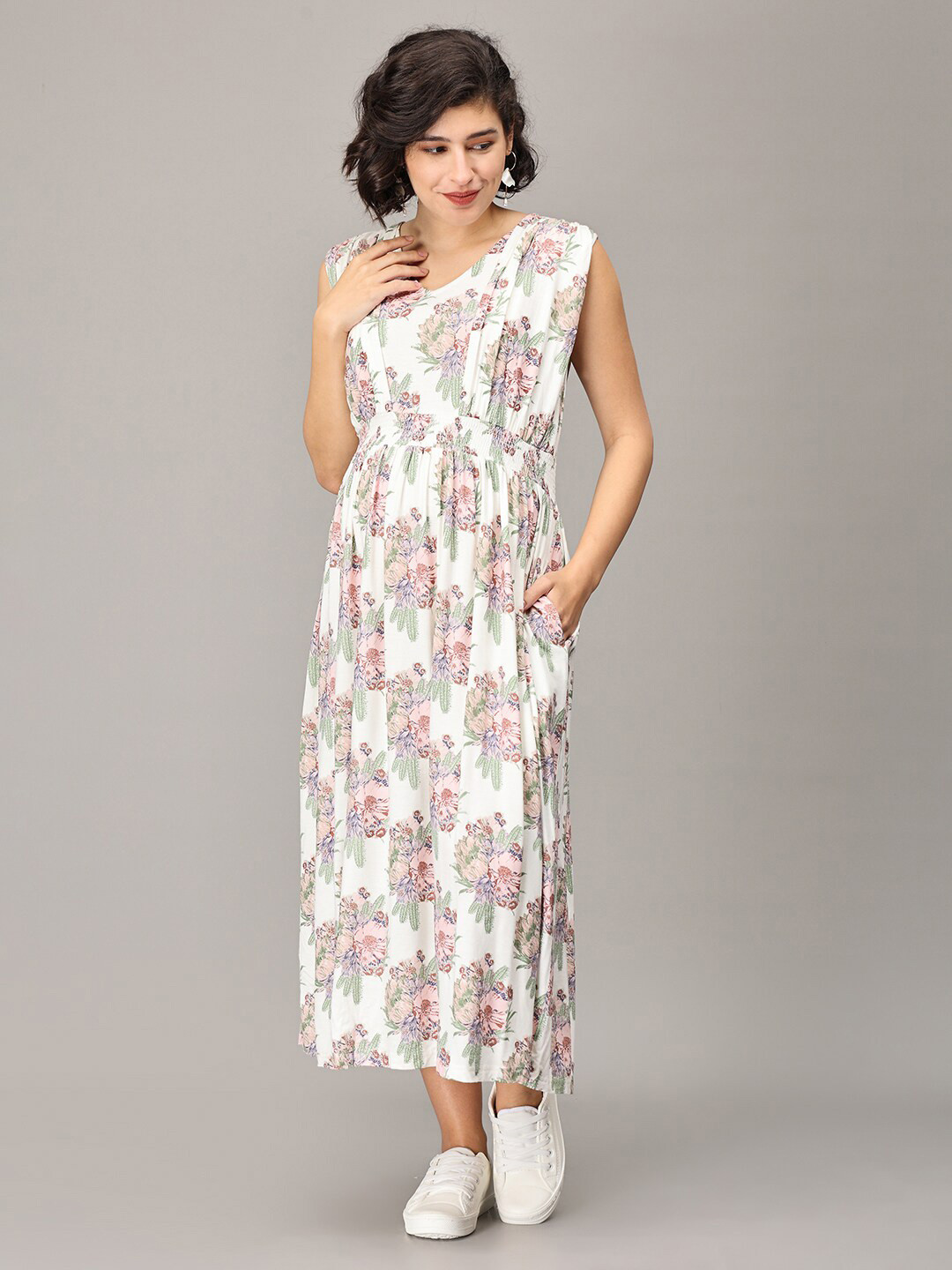 

The Mom Store Floral Printed Sleeveless Smocked Midi Maternity Dress, White
