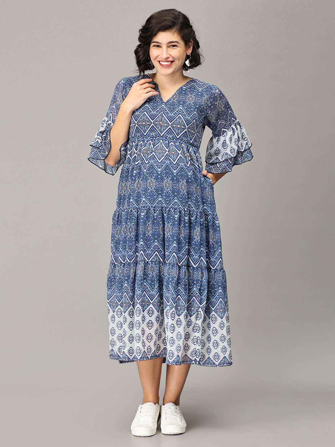 

The Mom Store Geometric Printed Bell Sleeves Georgette Fit & Flare Midi Maternity Dress, Blue