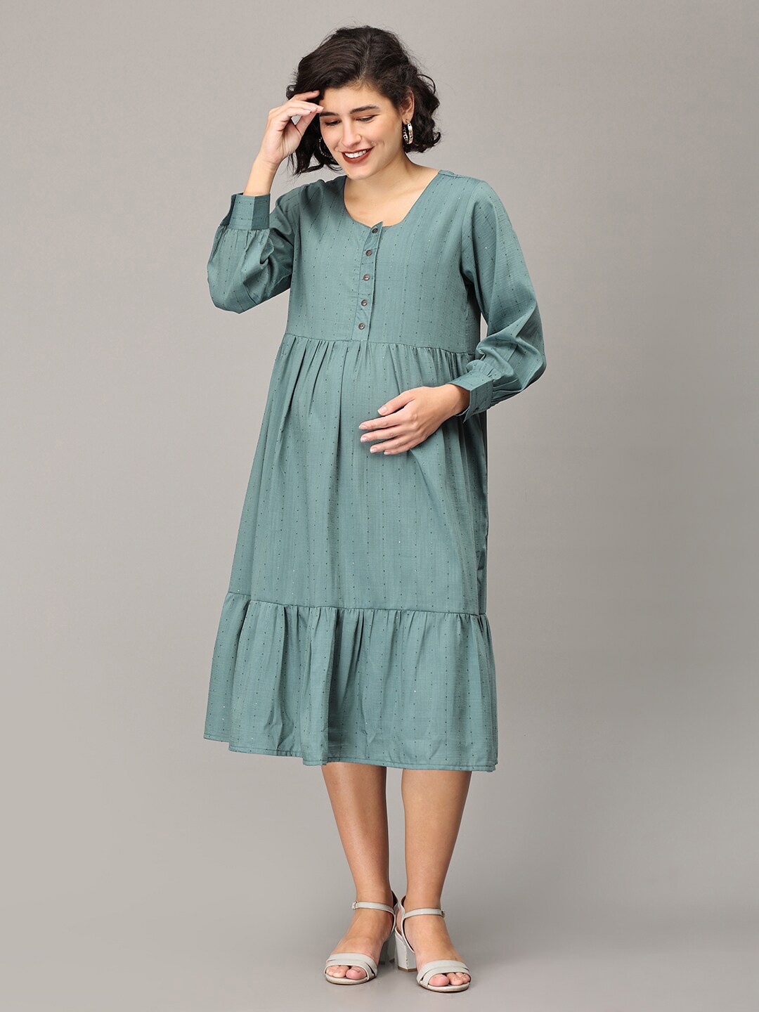 

The Mom Store Self Design Cuffed Sleeves Tiered Fit and Flare Midi Maternity Dress, Teal