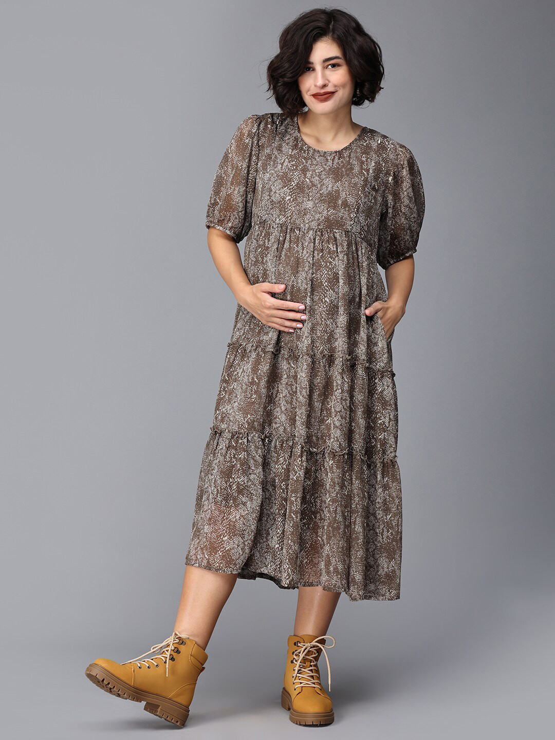

The Mom Store Abstract Printed Puff Sleeves Tiered Georgette Empire Midi Maternity Dress, Brown