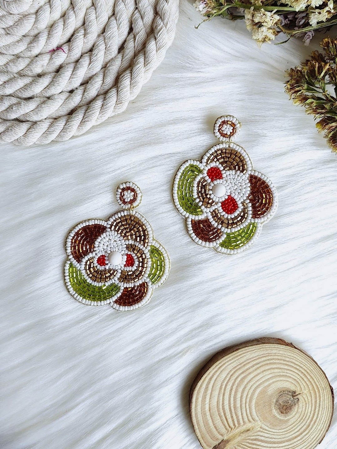 

Crunchy Fashion Beaded Floral Drop Earrings, Green