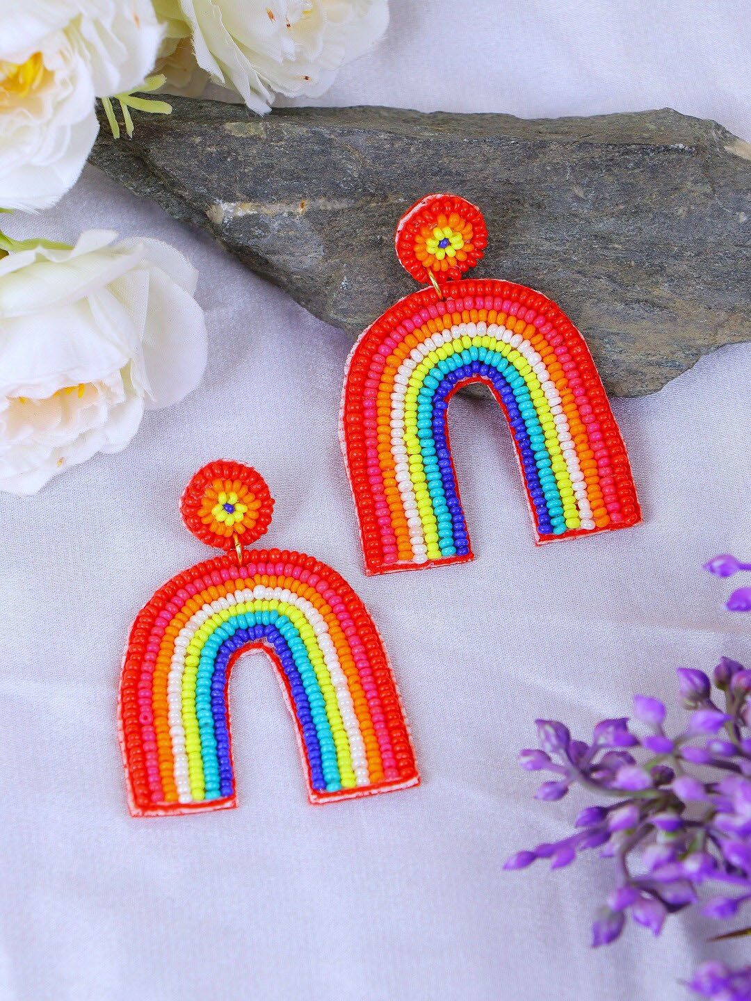 

Crunchy Fashion Beaded Rainbow Contemporary Drop Earrings, Red