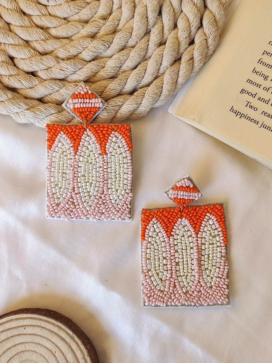 

Crunchy Fashion Square Beaded Drop Earrings, Orange
