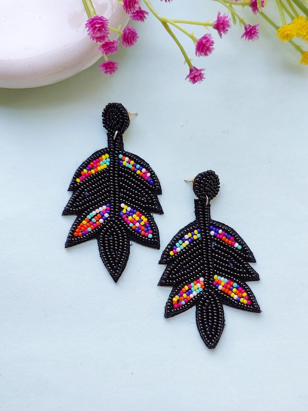 

Crunchy Fashion Leaf Shaped Beaded Drop Earrings, Black