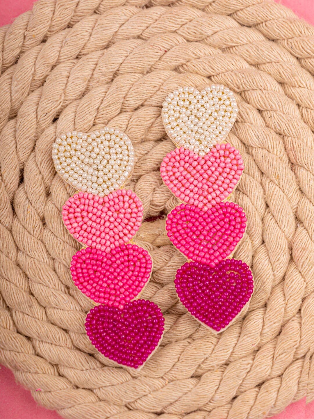 

Crunchy Fashion Heart Shaped Beaded Drop Earrings, Pink