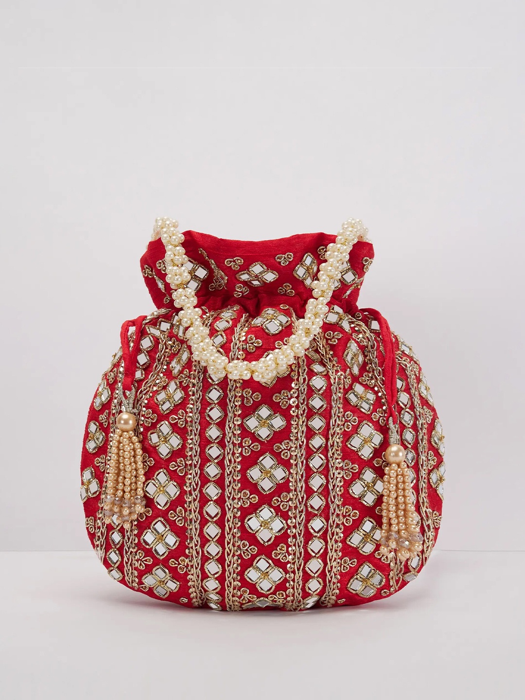 

KALKI Fashion Embroidered Silk Potli Clutch, Red