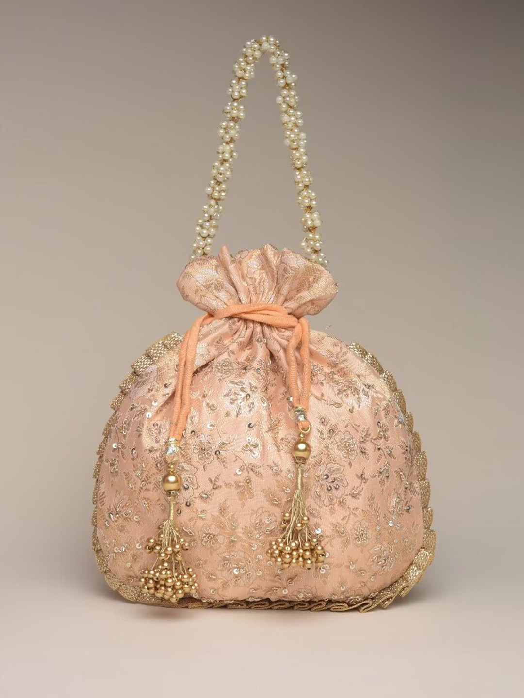 

KALKI Fashion Zardozi Embroidered Potli Clutch, Peach