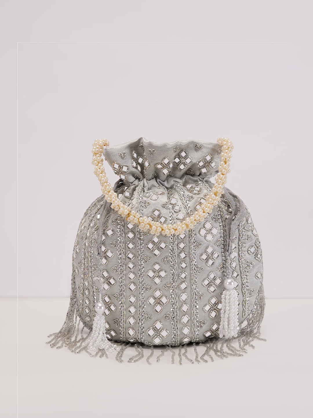 

KALKI Fashion Embroidered Silk Potli Clutch, Grey