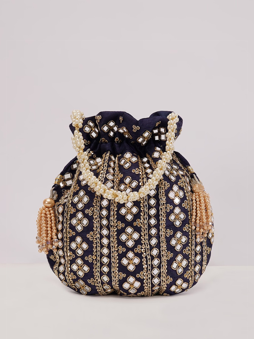 

KALKI Fashion Embroidered Silk Potli Clutch, Navy blue