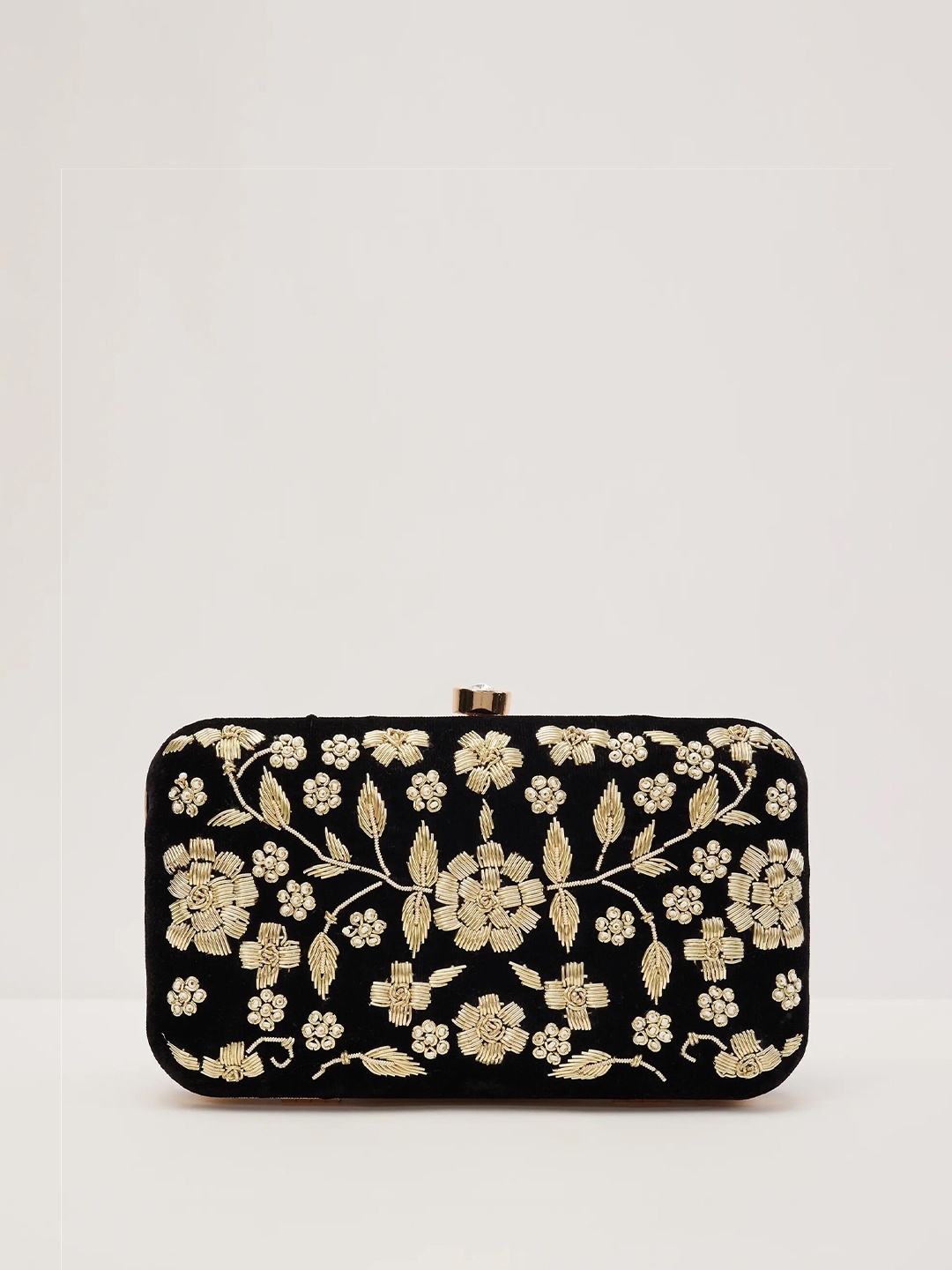 

KALKI Fashion Embroidered Silk Box Clutch, Black