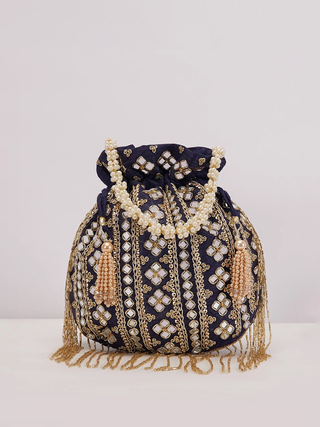 

KALKI Fashion Embroidered Velvet Potli Clutch, Navy blue