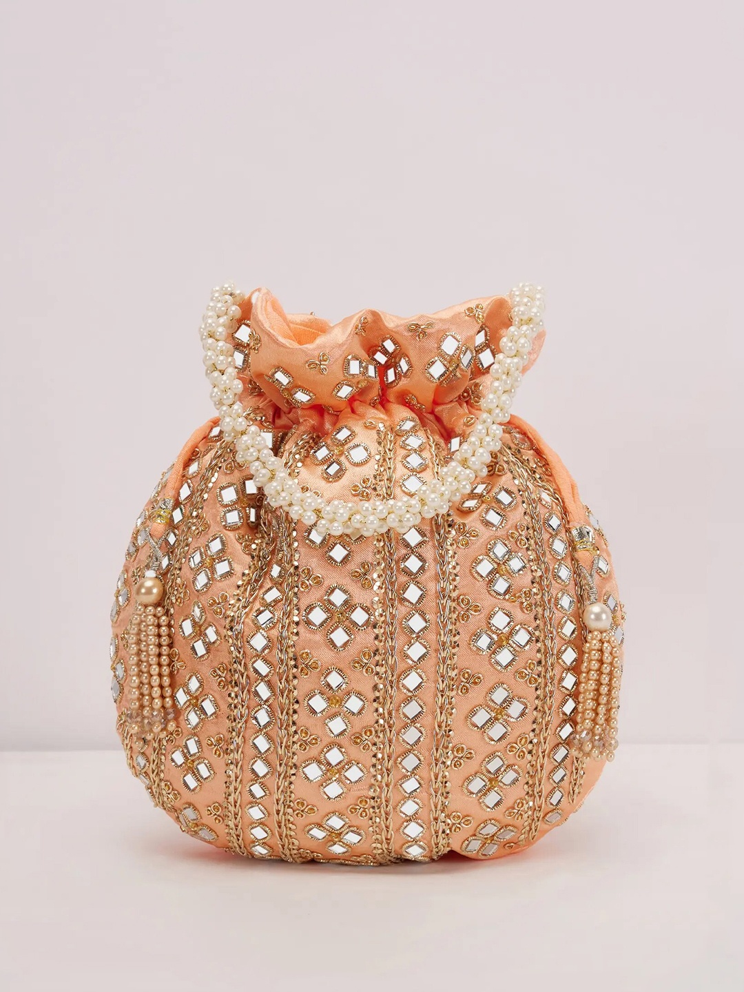 KALKI Fashion Embroidered Silk Potli Clutch, Peach