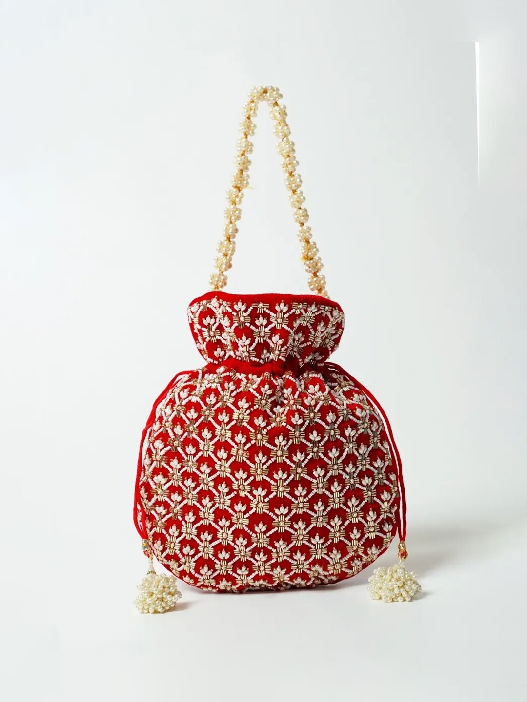 

KALKI Fashion Embroidered Velvet Potli Clutch, Red