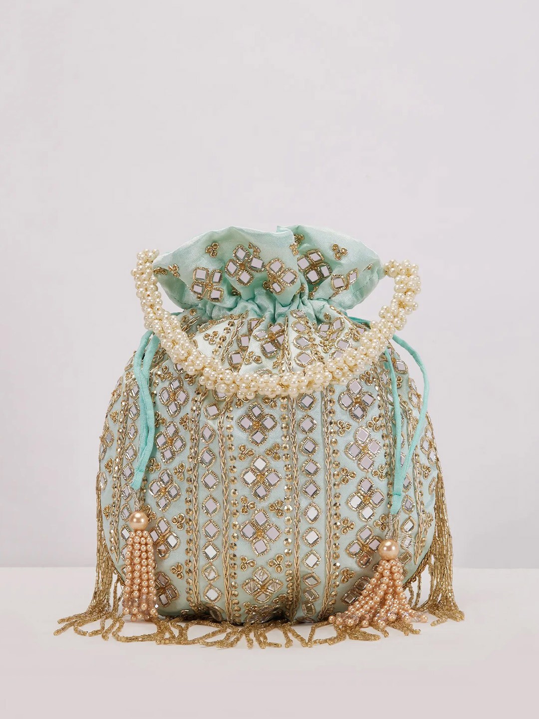 

KALKI Fashion Embroidered Silk Potli Clutch, Sea green