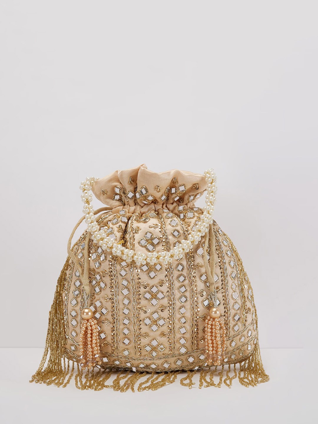 

KALKI Fashion Embroidered Silk Potli Clutch, Beige