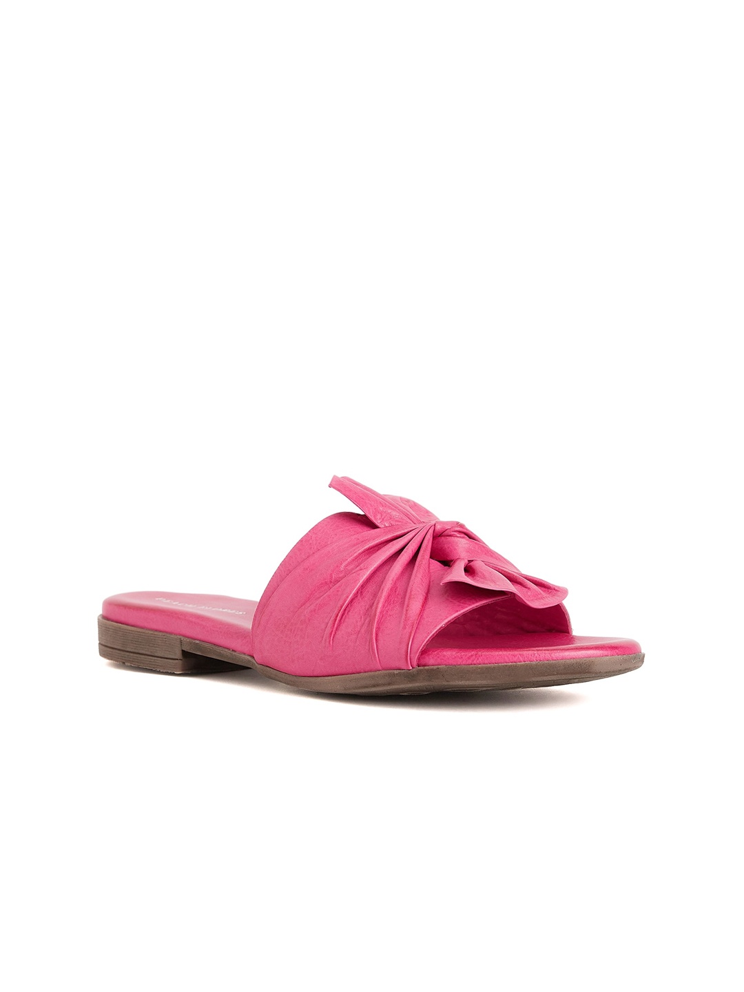 

Peach Flores Textured Bow Detail Leather Open Toe Flats, Pink